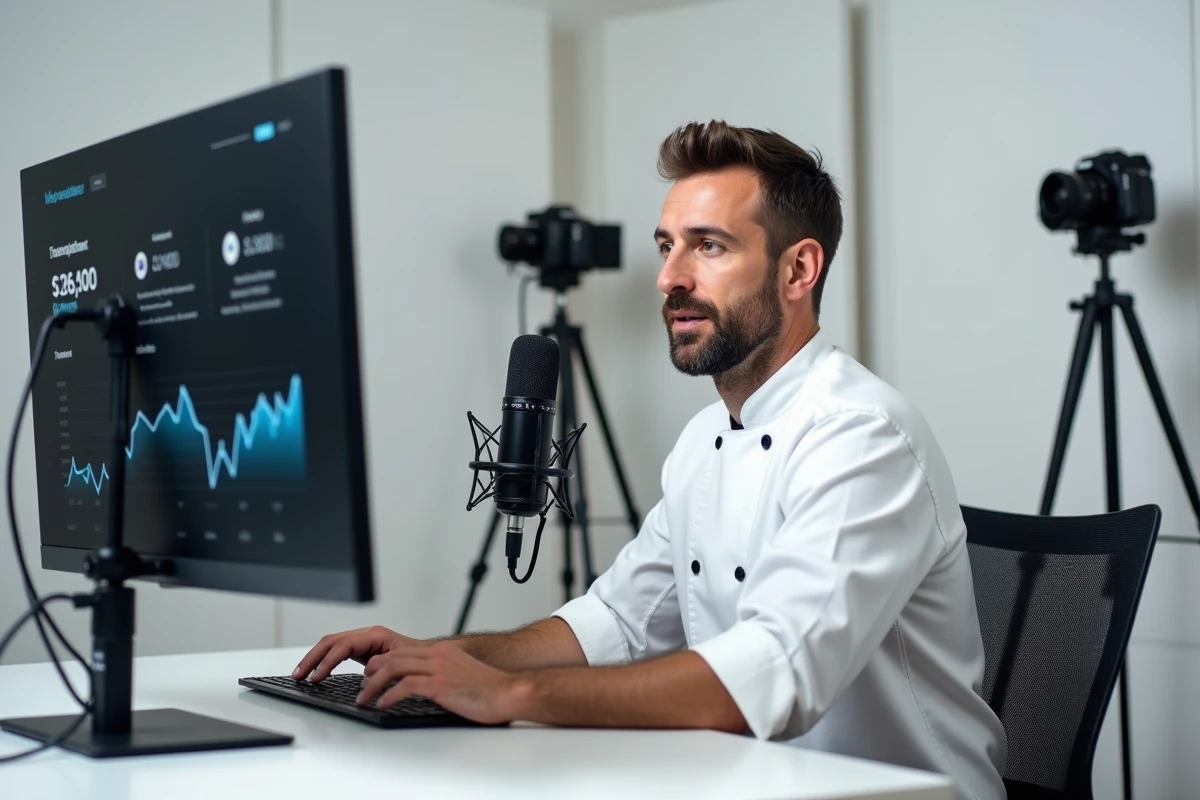 Chef cuisinier français enregistrant un podcast dans un studio médiatique moderne