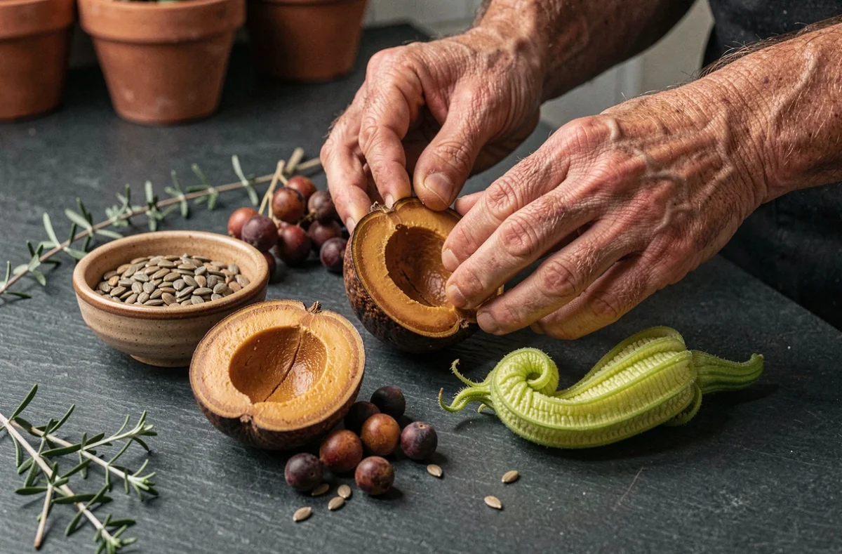 Vue rapprochée en flat lay de fruits en Z coupés sur un plan de travail en ardoise, dont le zapote tranché et des jujubes frais