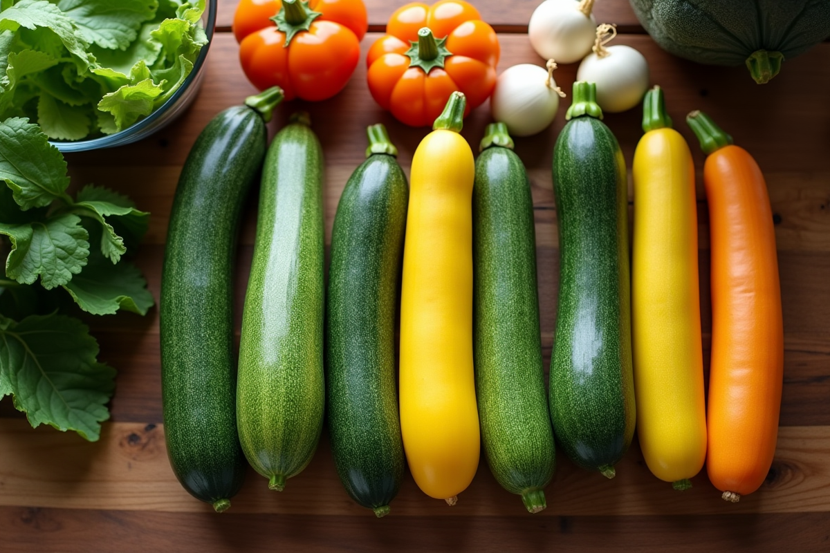 Zucchinis colorés disposés sur un plan de travail